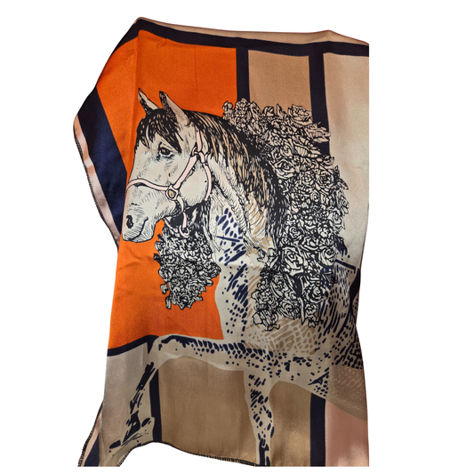 Scarf with horse and floral design on an orange and beige background
