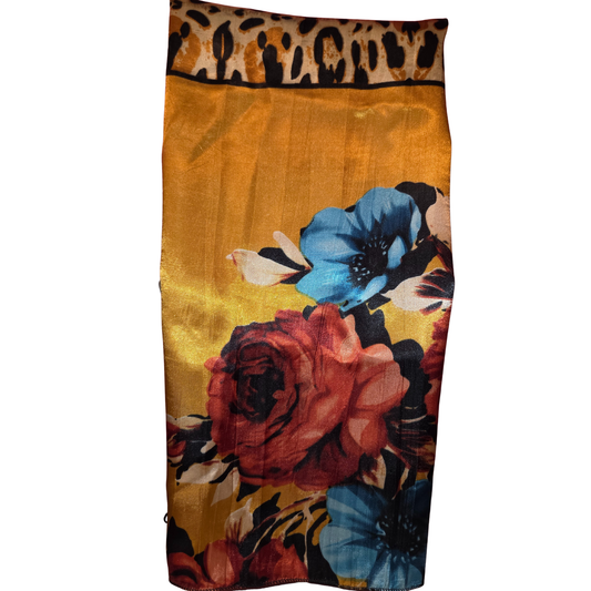 Scarf with floral and leopard print patterns on a white background